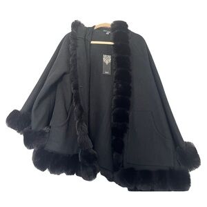 Sioni Black Fabric Hooded Wrap Cape Coat with Faux Fur Trim Sz M